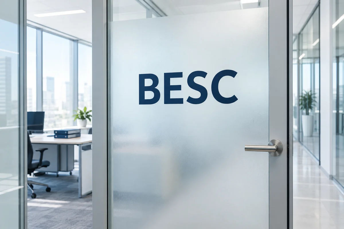 BESC yazılı aydınlık ofis kapısı; temsili görsel