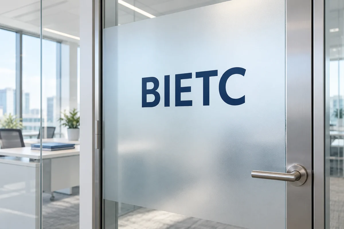 BIETC yazılı cam ofis kapısı; temsili hizmet görseli